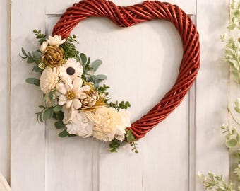 Heart Shaped Red Rattan Wreath, Sola Wood Flowers, Farmhouse Decor