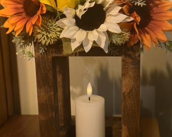 Sunflower Lantern Centerpiece | Farmhouse Table Decor with LED Candle