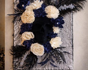 Gothic Skull Floral Wall Art, Sola Wood Flowers, Dark Romantic Decor