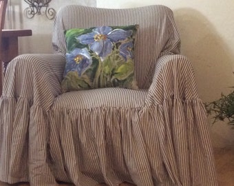 Chair slipcover/ruffled slipcover/blue tickng/shabby slipcover/shabby decor/cottage decor/farm house decor