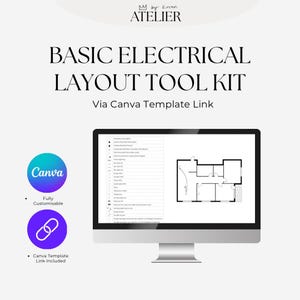 Puede incluir: Un monitor de ordenador muestra un plano de diseño eléctrico en blanco y negro. El texto "BASIC ELECTRICAL LAYOUT TOOL KIT" está en la parte superior. El logotipo de Canva y el texto "Fully Customisable" y "Canva Template Link Included" también son visibles.