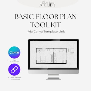 Op de afbeelding: Een computermonitor toont een plattegrondontwerp. De tekst op het scherm luidt "BASIC FLOOR PLAN TOOL KIT" en "Via Canva Template Link". Een Canva-logo is zichtbaar, samen met de tekst "Fully Customisable" en "Canva Template Link Included."