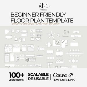 May include: A white and gray graphic with the text "BEGINNER FRIENDLY FLOOR PLAN TEMPLATE". The image includes over 100 vector icons of furniture and fixtures, with the words "SCALABLE RE-USABLE" and a Canva template link.