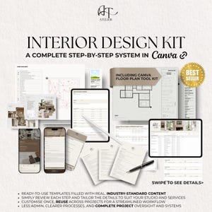 May include: An interior design kit with the text "INTERIOR DESIGN KIT" and "A COMPLETE STEP-BY-STEP SYSTEM IN Canva". The image includes a tablet, smartphones, and printed documents. The kit includes a Canva floor plan tool kit and is labeled "BEST SELLER".