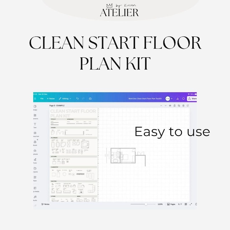 May include: A digital floor plan kit displayed on a screen, featuring a grid background and various design elements. The text "CLEAN START FLOOR PLAN KIT" is prominently displayed, along with the phrase "Easy to use."