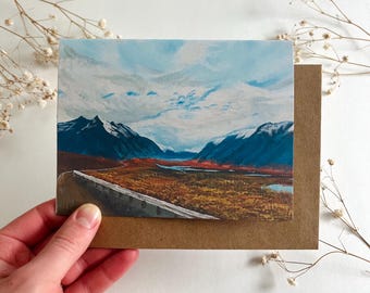 Tarjeta de felicitación pintada a mano con diseño del oleoducto de las montañas de Alaska (juego de 6) – Tarjeta de felicitación con paisaje de arte original