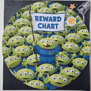 May include: Circular image featuring green, three-eyed aliens from Toy Story. One alien holds a flag that reads "REWARD CHART." The aliens are wearing blue and purple outfits. A gold coin and a claw machine are also visible.