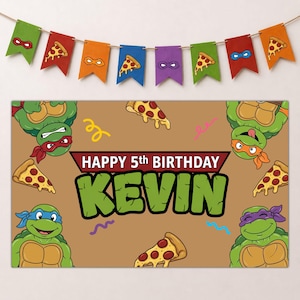May include: A rectangular birthday banner featuring four green turtles with coloured masks, pizza slices, and confetti on a tan background. The text reads HAPPY 5TH BIRTHDAY KEVIN. Above, a pennant banner displays masks and pizza slices.