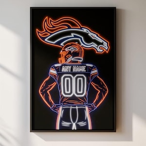 Personalized Denver Football Wall Art | Custom Jersey Name & Number | Mile High Neon Style Canvas | Broncos  Sports Poster