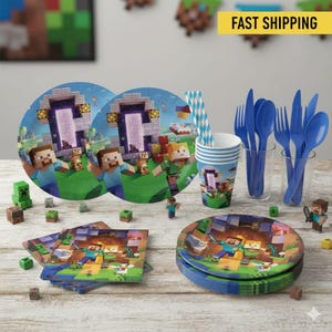 Pixel Miner Party Supplies, Video Game Birthday Tableware Set