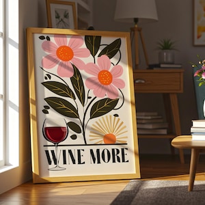 Wine Drinker Retro Poster, Vintage Beverage Flower Wall Art, Digital Download Art, Minimalist Print, Bar Cart Decor