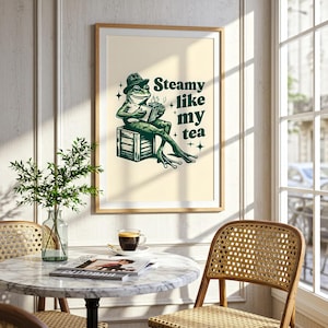 Vintage Frog Reading Art, Book Lover Print, Retro Frog Printable, Tea Lover Wall Art, Animal Illustration, Digital Download