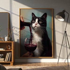 面白い猫のワインウォールアート、気まぐれな白黒猫のプリント、ワイン愛好家向けデジタルダウンロード、風変わりなキッチンやバーカートの装飾