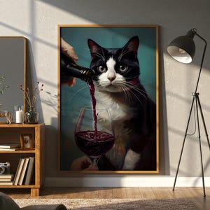好奇心旺盛な猫のウォールアート、ワインを見つめる猫、ワイン好きの猫のデコレーション、気まぐれなワインプリント、デジタルダウンロード、バーカートアクセサリー