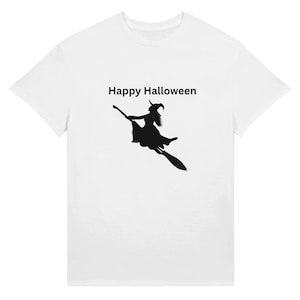 Happy Halloween T-Shirt ,Flying Black Witch on Broom Spooky, Witch Tee Halloween, Shirt for Women/Men Graphic Tee Witchy Shirt.