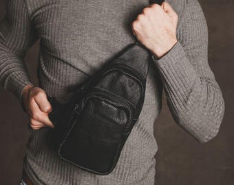 Black Leather Sling Bag - Mens Crossbody bag