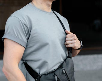 Men’s Black Leather Sling Bag - Crossbody Chest Bag - Leather Shoulder Bag - Mens crossbody