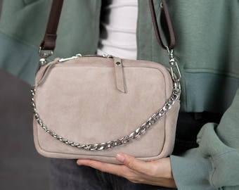 Women's Crossbody Bag made of Natural Suede (Beige)