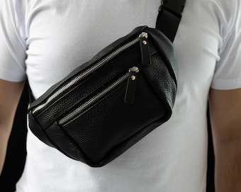 Men's Black Leather Waist Bag -  Belt Bag for him - Fanny pack man