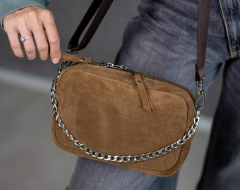 Women's cross-body bag made of natural suede (cappuccino) SW110-4