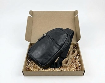 Black Crossbody Sling Bag - Leather Chest Bag - Mens Crossbody bag - Gift for him