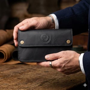 May include: A black leather wallet featuring a rectangular flap with two brass-colored metal snap buttons on the sides. The center of the flap displays a circular embossed logo with the letter S inside a triangle. The wallet has visible stitching.
