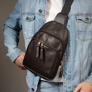 Bolso bandolera de piel auténtica (marrón)