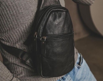 Black Crossbody Sling Bag - Leather Chest Bag - Men Crossbody bag - Gift for him