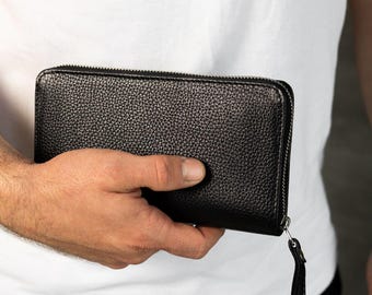 Herren Leder Clutch Wallet - Herren Clutch Tasche - Lange Reißverschluss Geldbörse - Herren Geldbörse