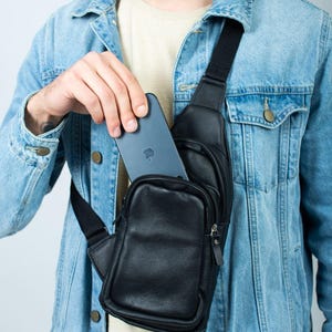 Men’s Black Leather Crossbody Sling Bag SL015 – Compact Genuine Leather City Bag