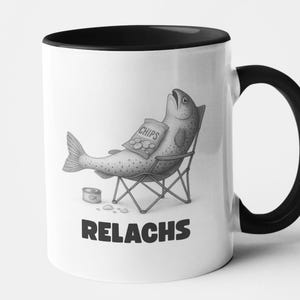 Lustige Tasse Relachs – Geschenk für Angler oder Kollegen – Wortspiel Kaffeetasse mit Fisch – Anglertasse mit Humor – Relax Tasse Büro