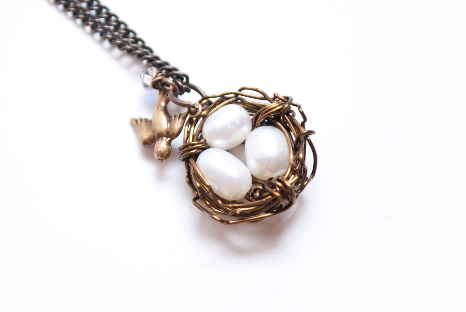 Bird Nest Crystal and Pearl Necklace Etsy