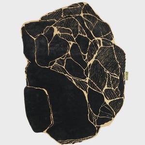 May include: A black rug with a unique, organic shape. The rug features a striking design of interconnected, gold-colored lines against a solid black background. The overall aesthetic is modern and artistic, suitable for various interior styles.