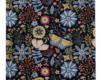 Hand-Tufted Wool Rug, Dark Botanical Butterfly Wildflower Design