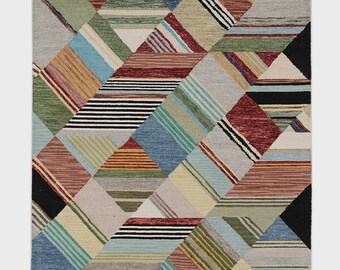 Hand-Tufted Wool Area Rug – Colorful Striped Diamond Geometric Design