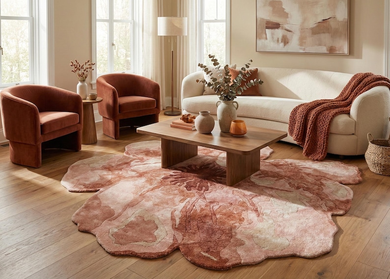 May include: A living room scene featuring a large, floral-shaped rug in shades of pink and cream. Two rust-colored armchairs and a wooden coffee table are arranged around the rug. A white sofa with a rust-colored throw blanket and decorative vases complete the cozy interior.