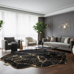 May include: A modern living room with a gray sofa, two armchairs, and a black and gold patterned rug. The room features large windows with sheer curtains, potted plants, and a black marble coffee table.