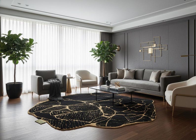 May include: A modern living room with a gray sofa, two armchairs, and a black and gold patterned rug. The room features large windows with sheer curtains, potted plants, and a black marble coffee table.