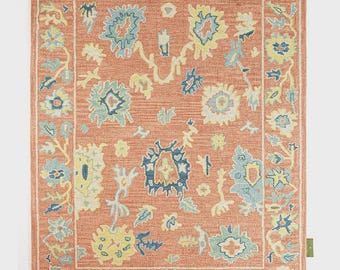 Hand-Tufted Wool Oushak Rug – Terracotta & Teal Floral Design