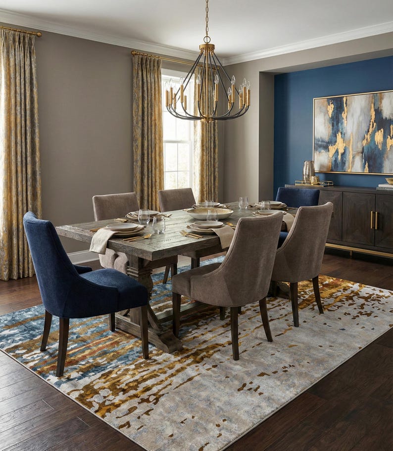 May include: A dining room set with a large wooden table and six upholstered chairs. The table is set with plates and silverware. A patterned rug in shades of blue, gold, and gray sits beneath the table. A chandelier hangs above the table.