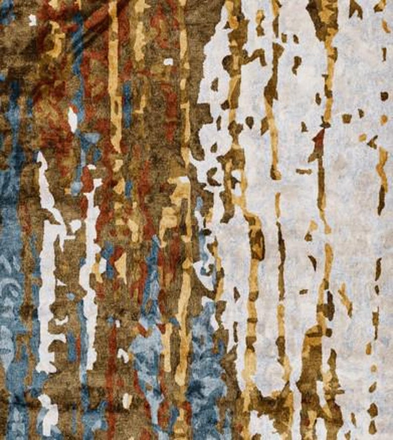 May include: Abstract area rug with a distressed design. The rug features a mix of colors, including brown, beige, blue, and rust. The design has vertical and horizontal elements, creating a textured appearance. The rug is suitable for living rooms and bedrooms.