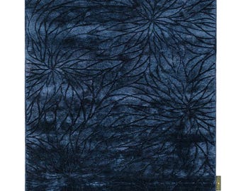 Hand-Tufted Botanical Silk Area Rug – Navy Blue Abstract Floral Plush Carpet