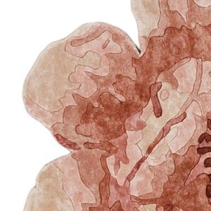 May include: Close-up of a rug with a floral design. The rug features a color palette of muted reds, browns, and beige, with a textured appearance. The design has an abstract, organic shape, resembling a flower or petal.
