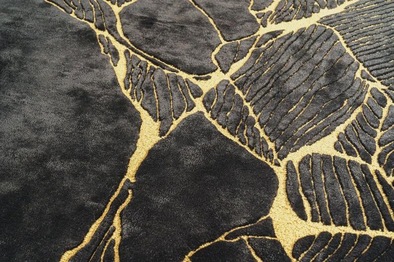 Hand-Tufted Wool & Botanical Silk Rug | Black and Gold Design image 6