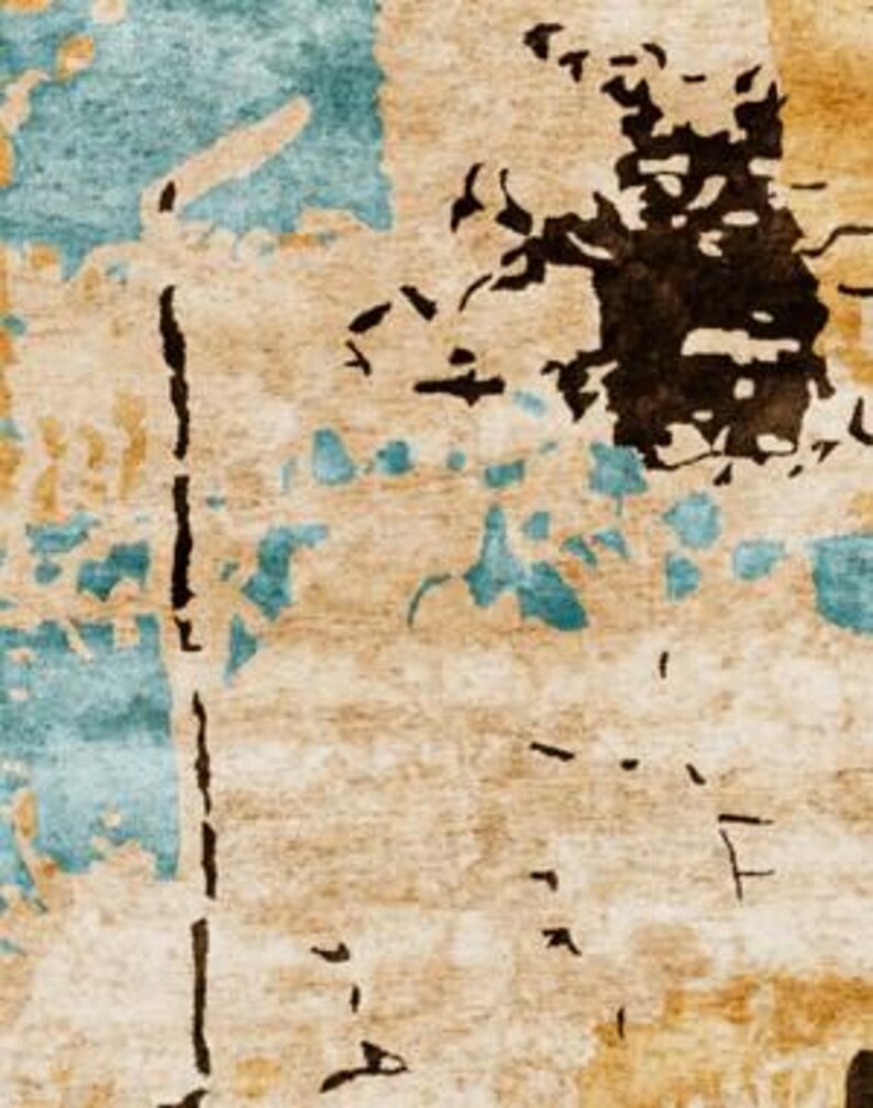 Handtuftad botanisk sidenmatta - abstrakt konstdesign - blågrön, beige och brun - handgjord modern matta bild 9