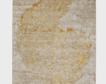 Hand-Tufted Botanical Silk Rug | Gold Leaf Abstract Design