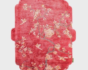 Hand-Tufted Silk Rug | Pink Floral Rug, Scalloped Edge
