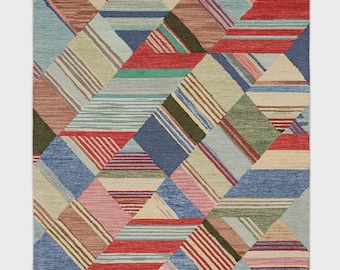Hand-Tufted Wool Area Rug, Colorful Geometric Diamond Design