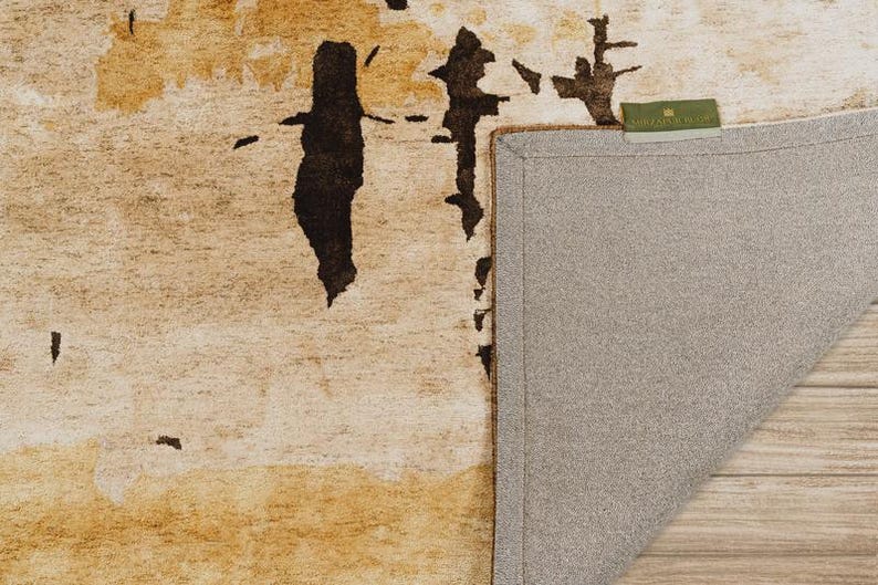 Handtuftad botanisk sidenmatta - abstrakt konstdesign - blågrön, beige och brun - handgjord modern matta bild 5