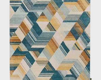 Hand-Tufted Wool Area Rug, Geometric Teal Gold Abstract Carpet, Custom Size